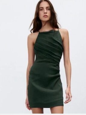 Zara bloggers fave Linen Forest Green Halter Bodycon Draped Dress Strappy Back